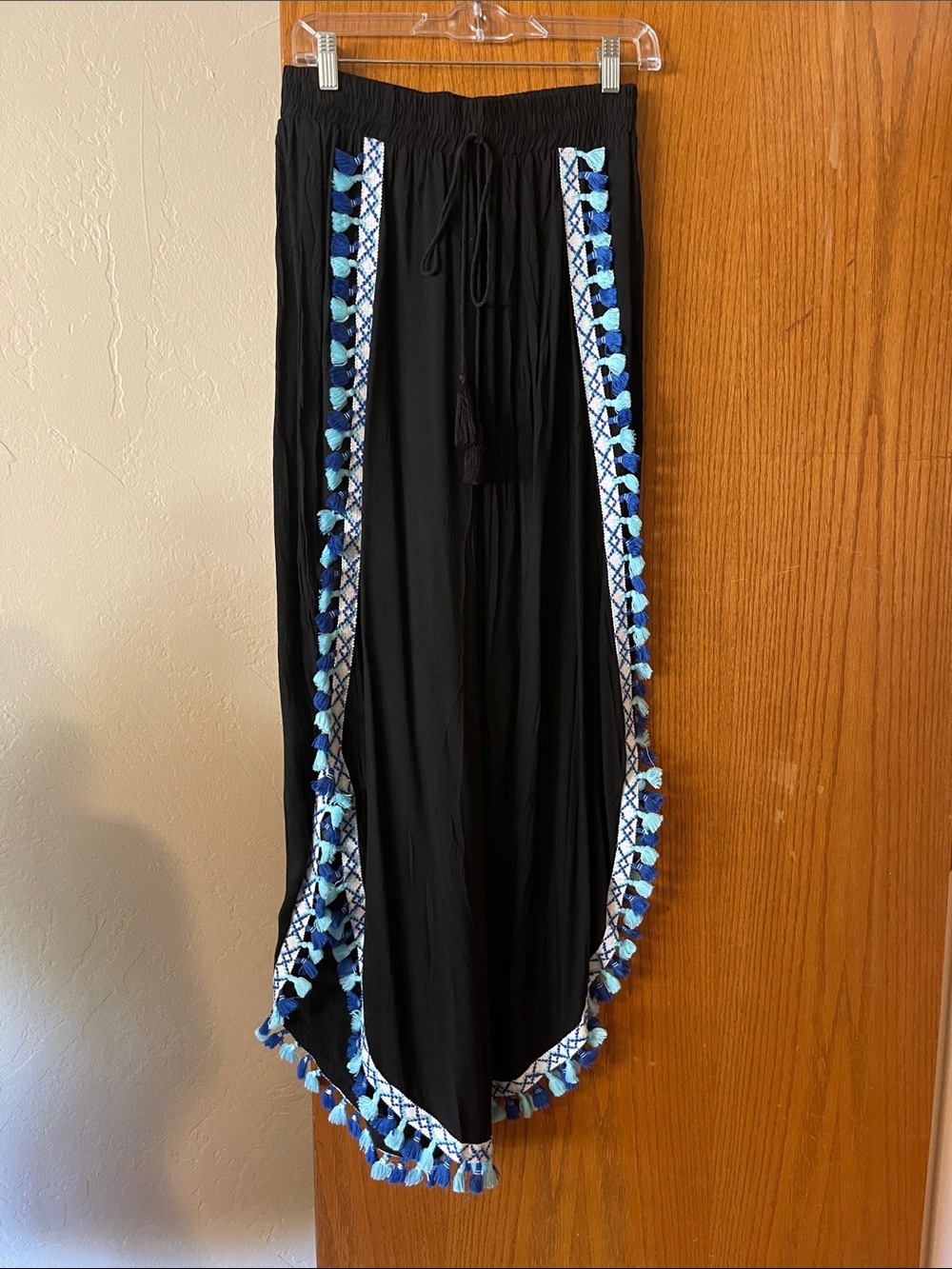 La Moda Black Tassel Trim with Blue Pom Pom Detailing Large